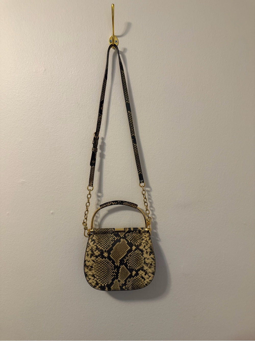 Ralph Lauren Snake-Print Crossbody Bag with Gold Chain Handle - Black & Cream